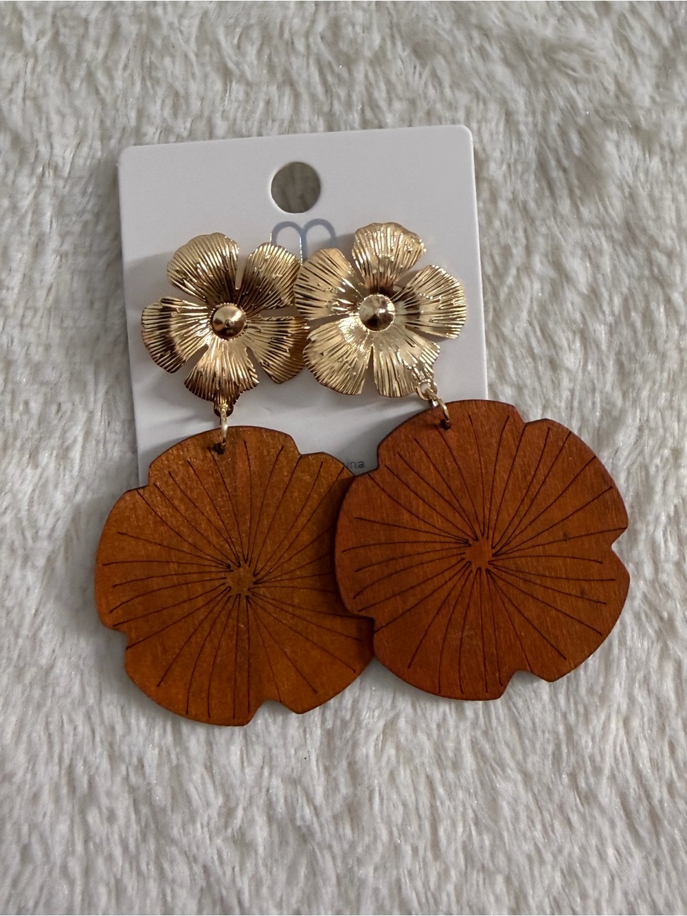Gold Flower Top with Brown Wood Floral Drop Earrings